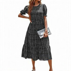 Polka Dot Puff Sleeve Midi Dress Black White Dotted Flowy Relaxed Fit, Travel